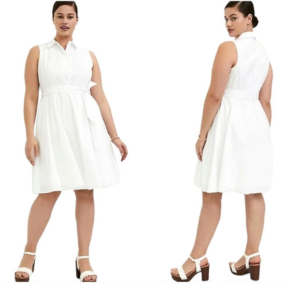 Torrid White Poplin Self-Tie Pintuck Shirt Dress Size 0